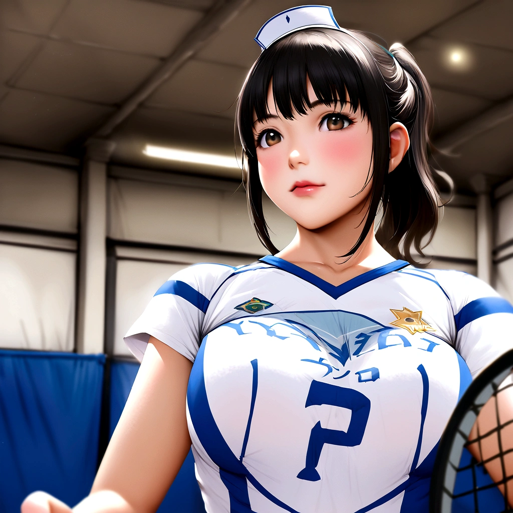 Arabian girl wearing white and blue uniform and holding tennis racket, Wearing a volleyball jersey, mayuri shiina, chiho ashima, Young and sexy gravure idol, Young Gravure Idol, kimi takemura, realistic Young Gravure Idol, fujita goro!, Yoshitomo Nara, For whom?