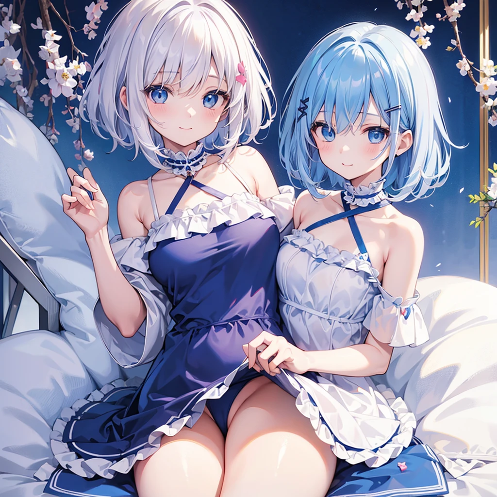 beautiful, masterpiece, Highest quality, anime, One girl, C Cup,Portrait Shot, View your viewers, Covered、Short Hair、nearby、Blue Eyes、art、、White hair,Blue streaked hair、wallpaper、hairpin、Cute smile、Thighs、、Cute、Frilled school swimsuit