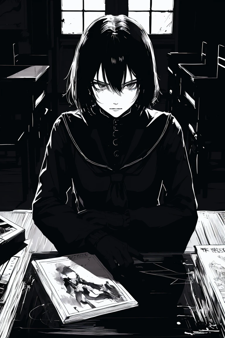 style v5lcn,ink art,(Best quality,table:1.2),(black and white comic core:1.1),(extremely high contrast),Dark ink,1 girl in,Dark-haired,Shadow on the face、8 k,Permission,high school student,sailor uniform,