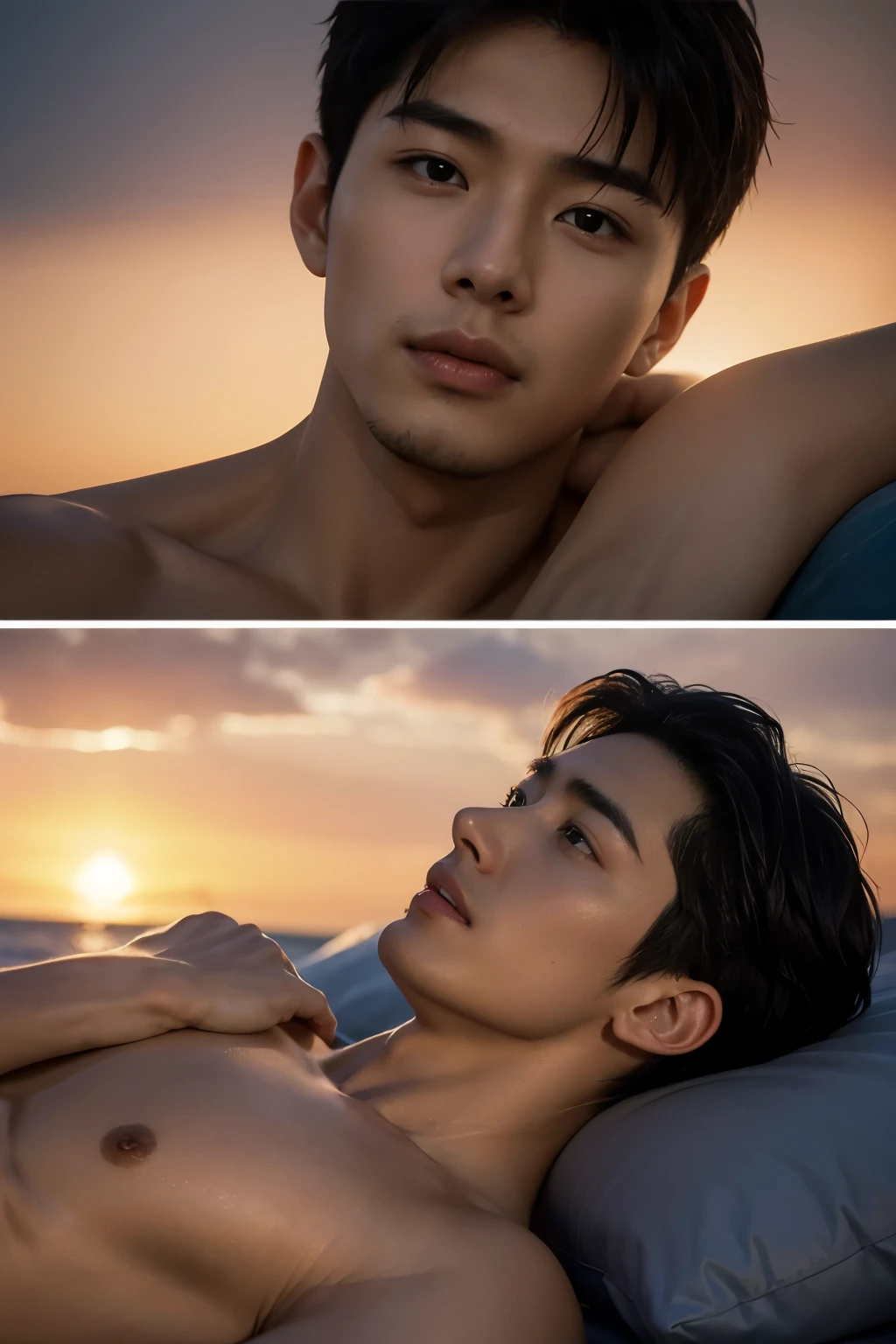 hyper realistic image of two men, a handsome 30 year old korean man with mature features sitting on top of a handsome 18 year old japanese man who is lying down, medium middle parting hair, kissing passionately with tongue, looking lovingly at each other, sunset in the background, lying on beautiful beach, side view, highly detailed, intricate details, sharp focus, romantic atmosphere, dramatic back lighting, dynamic shadows