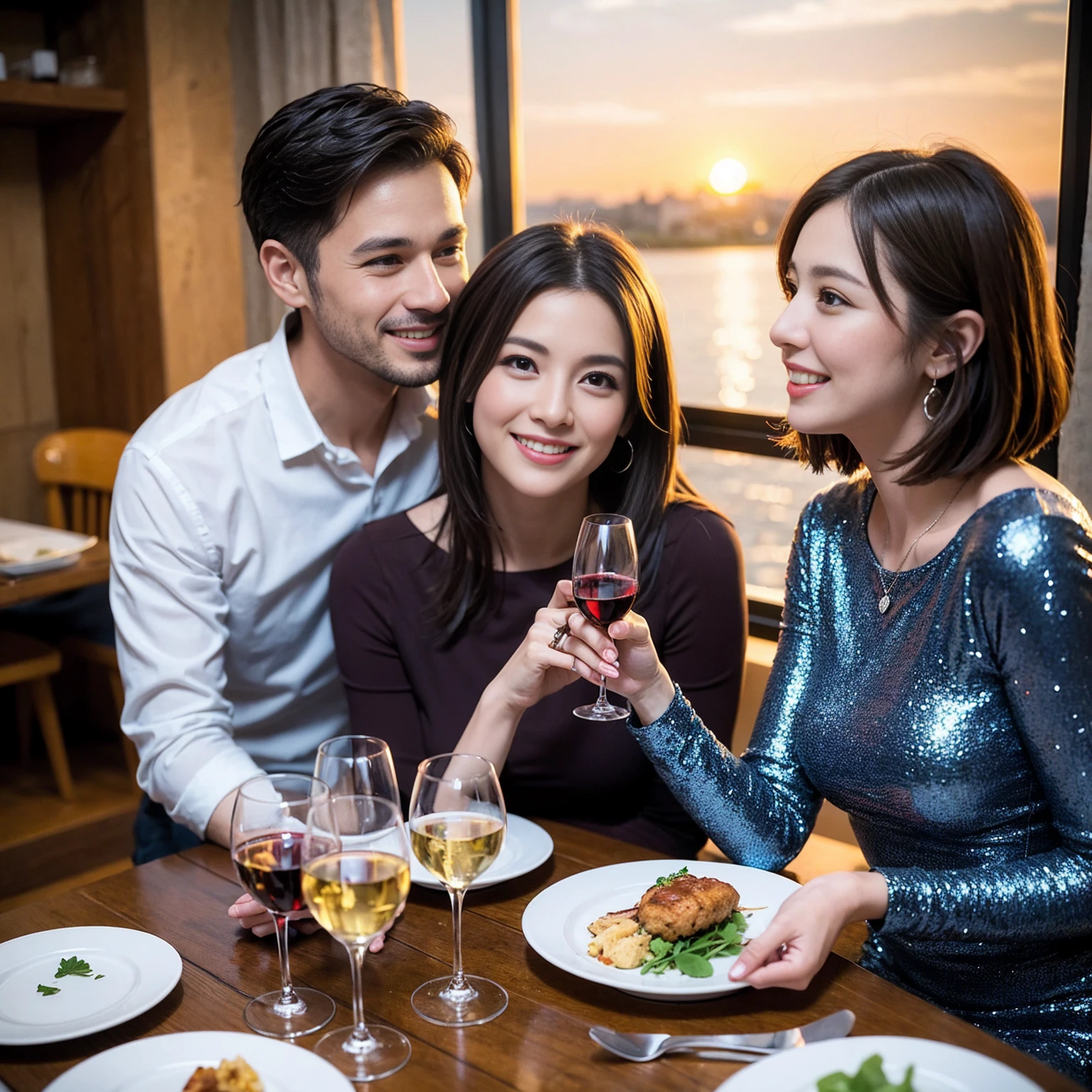 ((Highest quality、8K、masterpiece:1.3))、 (Genuineistic, Genuine、Bright image、Intricate details:1.2), 最高のsmile、1 male 1 female、Beautiful couple、spouse、fiancee、Good friends、actress couple、smile、A full-course dinner with a full table、 (Slim face), (the body is slim), (Brown Hair), (short hair), テーブルのwine glass、Please shine a light on my face、 Amazing view of the sunset sky and clouds、 (42 years old)38 years old, red wine 、Wine bottle、sparkling wine、Long sleeve shirt、Blue Dress、White wine, red wine, wine glass,