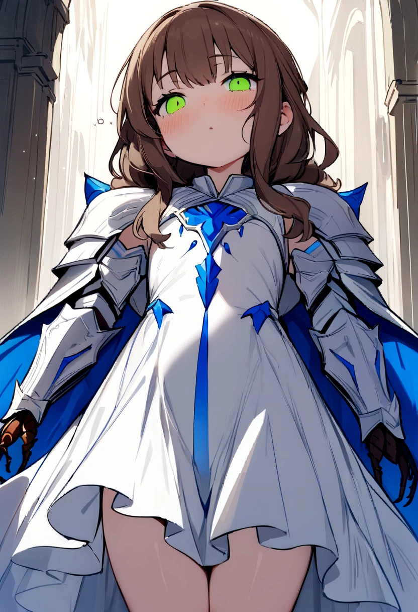 ((Masterpiece)), (((best quality))), hips wide open, ((Beetle eyes wide open blue colour)), long brown hair, ((shot White dress)), (((Paladin))), ((little girl)), (sleepy), (cute),
