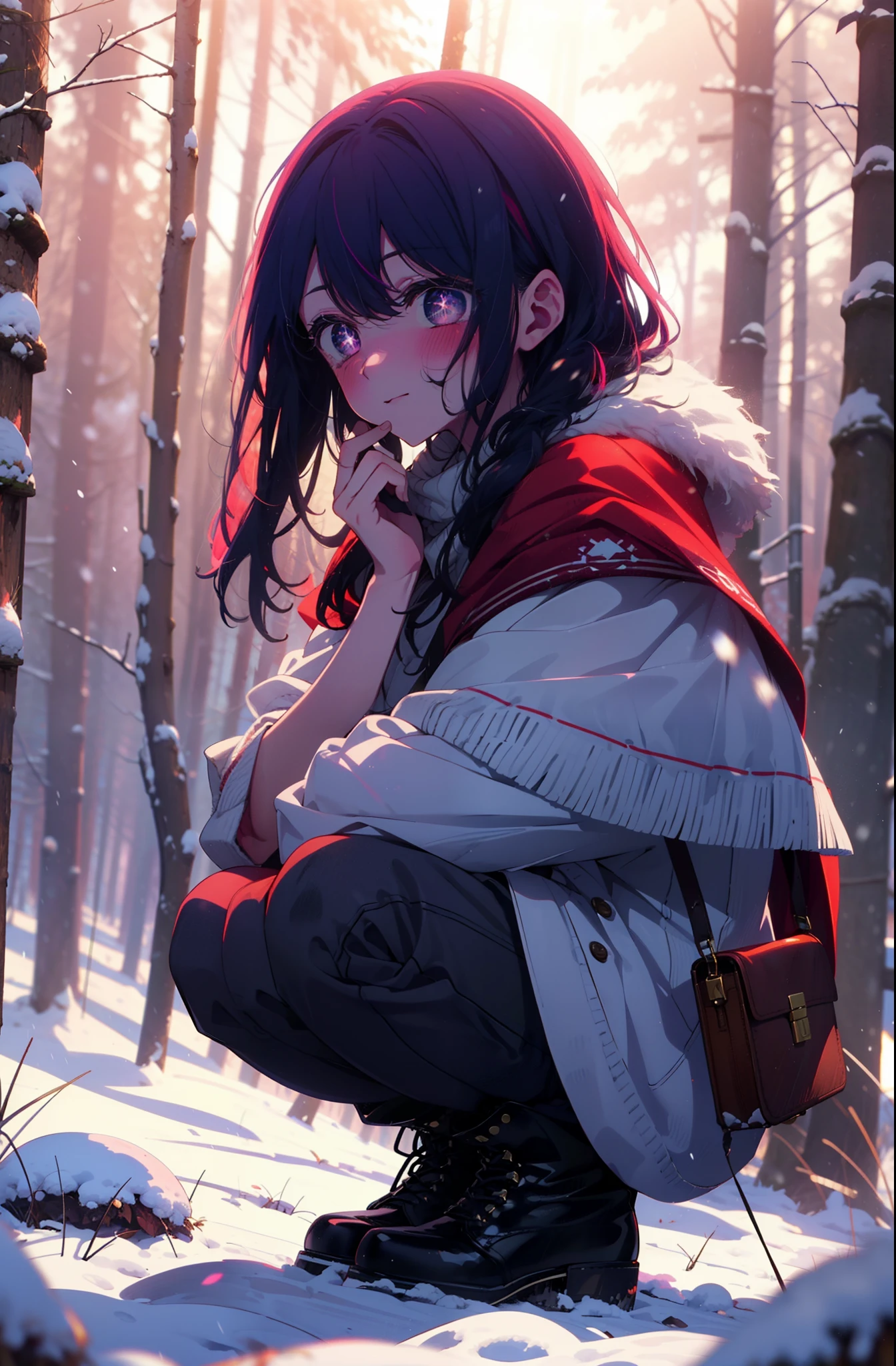 aihoshino, Ai Hoshino, Long Hair, bangs, (Purple eyes:1.1), Purple Hair, (Symbol-shaped pupil:1.5), smile,,smile,blush,White Breath,
Open your mouth,snow,Ground bonfire, Outdoor, boots, snowing, From the side, wood, suitcase, Cape, Blurred, , forest, White handbag, nature,  Squat, Mouth closed, Cape, winter, Written boundary depth, Black shoes, red Cape break looking at viewer, Upper Body, whole body, break Outdoor, forest, nature, break (masterpiece:1.2), Highest quality, High resolution, unity 8k wallpaper, (shape:0.8), (Beautiful and beautiful eyes:1.6), Highly detailed face, Perfect lighting, Highly detailed CG, (Perfect hands, Perfect Anatomy),