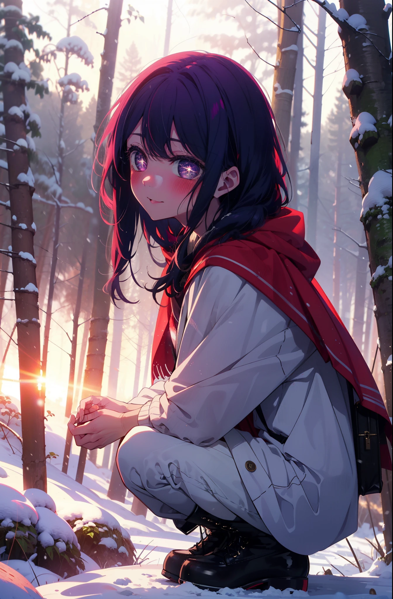 aihoshino, Ai Hoshino, Long Hair, bangs, (Purple eyes:1.1), Purple Hair, (Symbol-shaped pupil:1.5), smile,,smile,blush,White Breath,
Open your mouth,snow,Ground bonfire, Outdoor, boots, snowing, From the side, wood, suitcase, Cape, Blurred, , forest, White handbag, nature, Squat, Mouth closed, Cape, winter, Written boundary depth, Black shoes, red Cape break looking at viewer, Upper Body, whole body, break Outdoor, forest, nature, break (masterpiece:1.2), Highest quality, High resolution, unity 8k wallpaper, (shape:0.8), (Beautiful and beautiful eyes:1.6), Highly detailed face, Perfect lighting, Highly detailed CG, (Perfect hands, Perfect ???????),