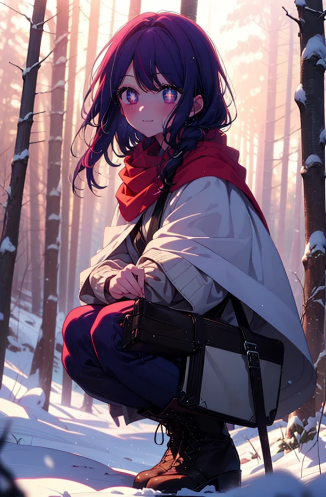 aihoshino, Ai Hoshino, Long Hair, bangs, (Purple eyes:1.1), Purple Hair, (Symbol-shaped pupil:1.5), smile,,smile,blush,White Breath,
Open your mouth,snow,Ground bonfire, Outdoor, boots, snowing, From the side, wood, suitcase, Cape, Blurred, , forest, White handbag, nature,  Squat, Mouth closed, Cape, winter, Written boundary depth, Black shoes, red Cape break looking at viewer, Upper Body, whole body, break Outdoor, forest, nature, break (masterpiece:1.2), Highest quality, High resolution, unity 8k wallpaper, (shape:0.8), (Beautiful and beautiful eyes:1.6), Highly detailed face, Perfect lighting, Highly detailed CG, (Perfect hands, Perfect Anatomy),
