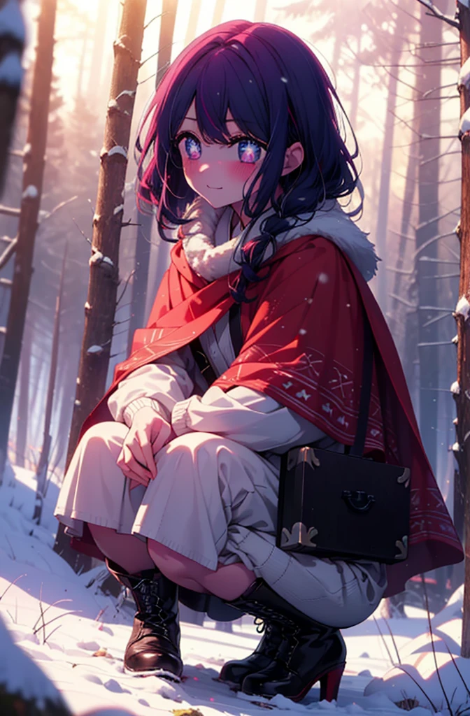 aihoshino, Ai Hoshino, Long Hair, bangs, (Purple eyes:1.1), Purple Hair, (Symbol-shaped pupil:1.5), smile,,smile,blush,White Breath,
Open your mouth,snow,Ground bonfire, Outdoor, boots, snowing, From the side, wood, suitcase, Cape, Blurred, , forest, White handbag, nature,  Squat, Mouth closed, Cape, winter, Written boundary depth, Black shoes, red Cape break looking at viewer, Upper Body, whole body, break Outdoor, forest, nature, break (masterpiece:1.2), Highest quality, High resolution, unity 8k wallpaper, (shape:0.8), (Beautiful and beautiful eyes:1.6), Highly detailed face, Perfect lighting, Highly detailed CG, (Perfect hands, Perfect Anatomy),