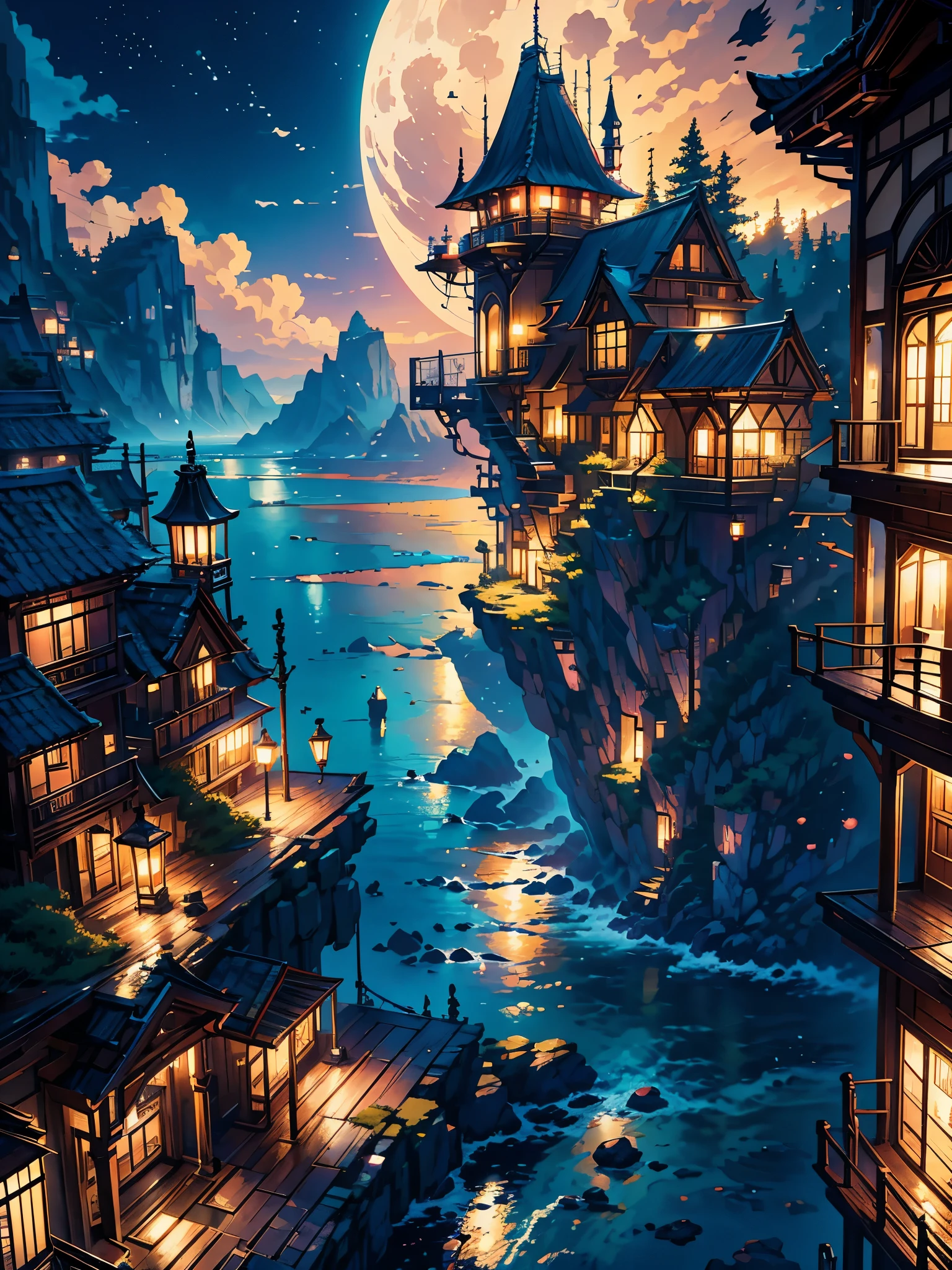 a painting of a old wooden vintage stairs a anime sea side night, anime background art, cozy balcony background, the moonlight beauty, the sea water is shining in moonlight, anime background, beautiful ambiance, beautiful ambience, anime scenery, beautiful anime scene, beautiful anime scenery, anime aesthetic, beautiful detailed scene, overlooking the ocean, watching the sun set. anime, scenery wallpaper aesthetic, golden hour scene, anime vibes, Ultra HD, 4k wallpaper