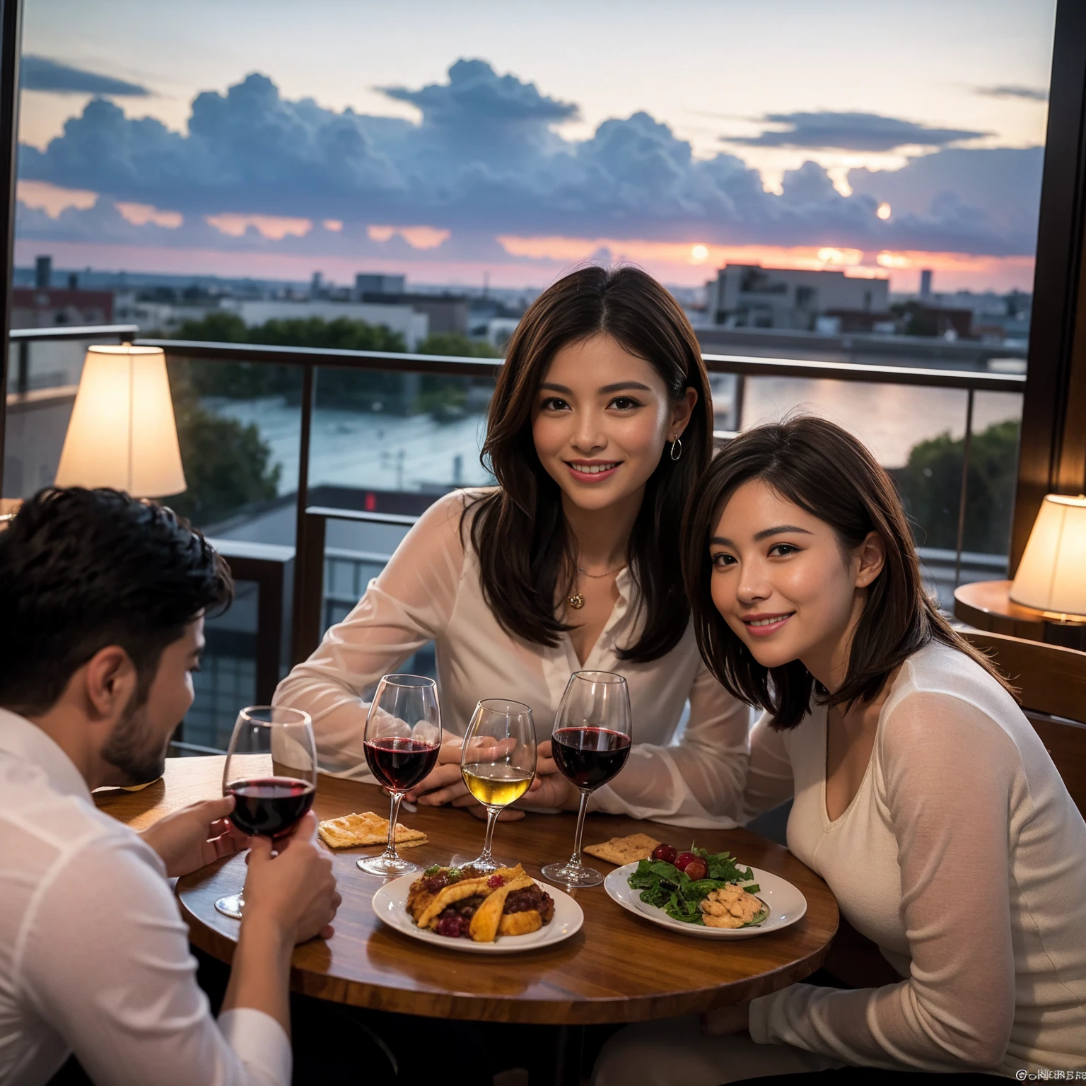 ((Highest quality、8K、masterpiece:1.3))、 (Genuineistic, Genuine、Bright image、Intricate details:1.2), 最高のsmile、1 male、1 female、Beautiful couple、spouse、fiancee、Good friends、actress couple、smile、Full-course dinner at a packed table、 (Slim face), (the body is slim), (Brown Hair), (short hair), テーブルのwine glass、Please shine a light on my face、 Amazing view of the sunset sky and clouds、42 years old)40 years old, red wine 、Appetizers、Wine bottle、sparkling wine、Long sleeve shirt、dress、White wine, red wine, wine glass,