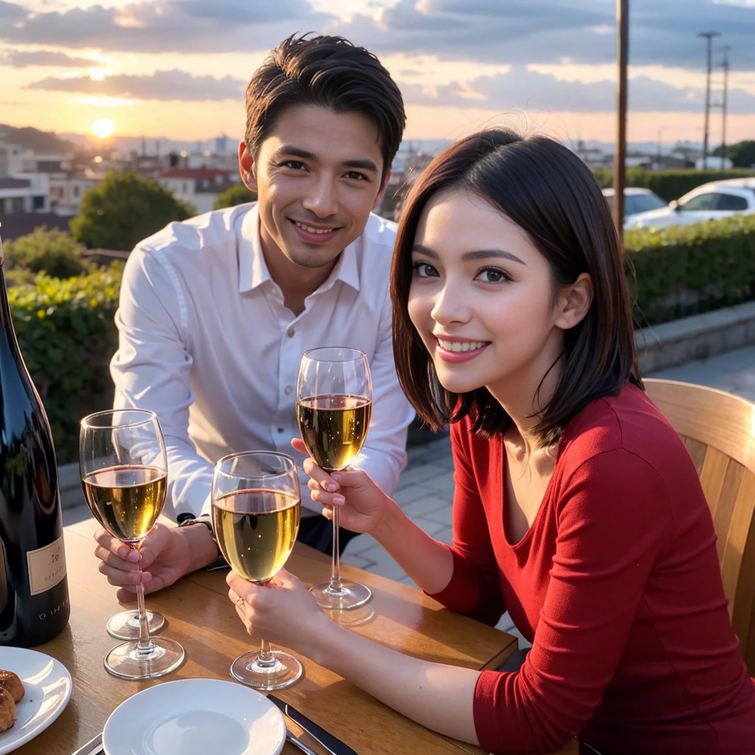 ((Highest quality、8K、masterpiece:1.3))、 (Genuineistic, Genuine、Bright image、Intricate details:1.2), 最高のsmile、1 male、1 female、Beautiful couple、spouse、fiancee、Good friends、actress couple、smile、Full-course dinner at a packed table、 (Slim face), (the body is slim), (Brown Hair), (short hair), テーブルのwine glass、Please shine a light on my face、 Amazing view of the sunset sky and clouds、42 years old)40 years old, red wine 、Appetizers、Wine bottle、sparkling wine、Long sleeve shirt、dress、White wine, red wine, wine glass,