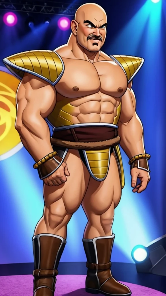 nappa, male focus, solo,cowboy shot, 1boy, bald, nipples, muscular male, abs,black vambraces, veins, pectorals, thighs, black eyes, topless male, mustache, ((micro-armor)) , tail around waist, (best quality, masterpiece) , stripclub , full body , black boots , strip club stage , blushing face , ashamed face