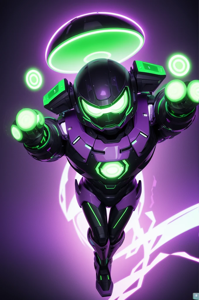 A character who is his own flying saucer, with arms and legs, purple colors, green and black, pixel art style, dynamic lighting, dimensions 768×1024, looking at camera, minimalistic, blurry background, em 2D