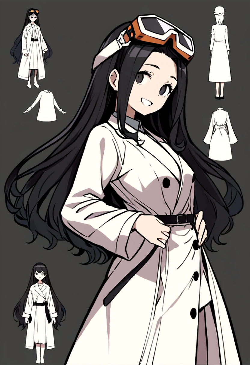 Woman with hunched back, {alone} ,{{{Looking at viewer}}},{{{You can see the toes}}},Concept Art, White Background, Simple ground,Long Hair，Waist-length perm hair, {{{Description of the whole body}}} , {{{It is drawn up to the feet}}},girl wearing a white coat, Highest quality, masterpiece,Cowboy Shot, Looking_return,I have a toolbox,young,22 years old, Black Hair,Simple white coat, Long-sleeved lab coat, Beautiful and delicate black eyes, holding a spanner，White teeth,Droopy eyes, Black Hairの目,smile,young，Wear goggles on your head,transparent_returnground, returnlighting, White Background, High resolution, Very detailed, information，Low length,8K，Official Art
