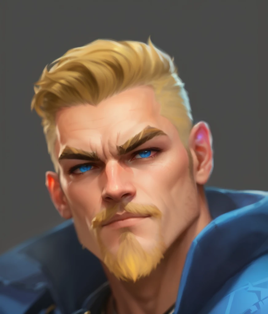 a close up of a man with a blue jacket and a yellow hair, portrait of fin wildcloak, portrait of homelander, zoomed out portrait of a duke, thertrevkaiser, artgrem, roguish smirk, arcane jayce, style of kieran yanner, valorant character, unreal 5. rpg portrait
