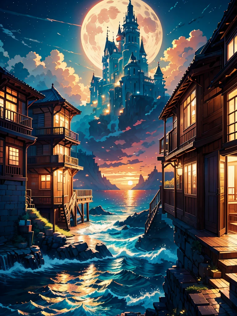 a painting of a old wooden vintage stairs a anime sea side night, anime background art, cozy balcony background, the moonlight beauty, the sea water is shining in moonlight, anime background, beautiful ambiance, beautiful ambience, anime scenery, beautiful anime scene, beautiful anime scenery, anime aesthetic, beautiful detailed scene, overlooking the ocean, watching the sun set. anime, scenery wallpaper aesthetic, golden hour scene, anime vibes, Ultra HD, 4k wallpaper