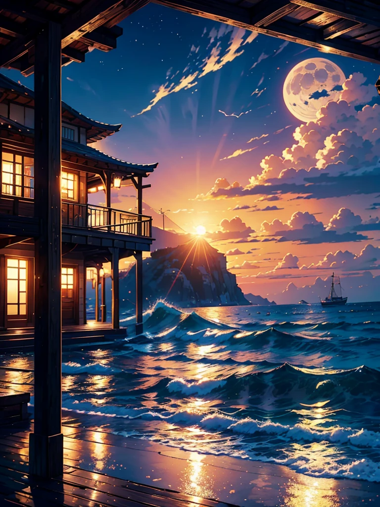a painting of a old wooden vintage stairs a anime sea side night, anime background art, cozy balcony background, the moonlight beauty, the sea water is shining in moonlight, anime background, beautiful ambiance, beautiful ambience, anime scenery, beautiful anime scene, beautiful anime scenery, anime aesthetic, beautiful detailed scene, overlooking the ocean, watching the sun set. anime, scenery wallpaper aesthetic, golden hour scene, anime vibes, Ultra HD, 4k wallpaper