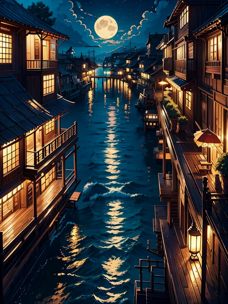 a painting of a old wooden vintage stairs a anime sea side night, anime background art, cozy balcony background, the moonlight beauty, the sea water is shining in moonlight, anime background, beautiful ambiance, beautiful ambience, anime scenery, beautiful anime scene, beautiful anime scenery, anime aesthetic, beautiful detailed scene, overlooking the ocean, watching the sun set. anime, scenery wallpaper aesthetic, golden hour scene, anime vibes, Ultra HD, 4k wallpaper