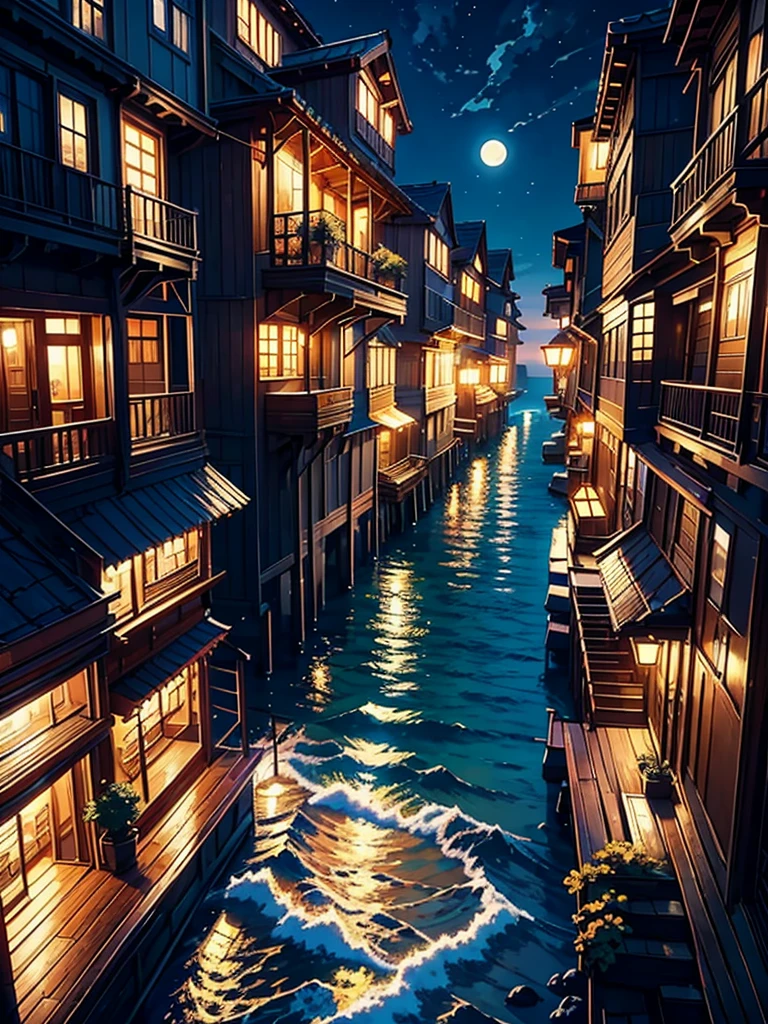 a painting of a old wooden vintage stairs a anime sea side night, anime background art, cozy balcony background, the moonlight beauty, the sea water is shining in moonlight, anime background, beautiful ambiance, beautiful ambience, anime scenery, beautiful anime scene, beautiful anime scenery, anime aesthetic, beautiful detailed scene, overlooking the ocean, watching the sun set. anime, scenery wallpaper aesthetic, golden hour scene, anime vibes, Ultra HD, 4k wallpaper