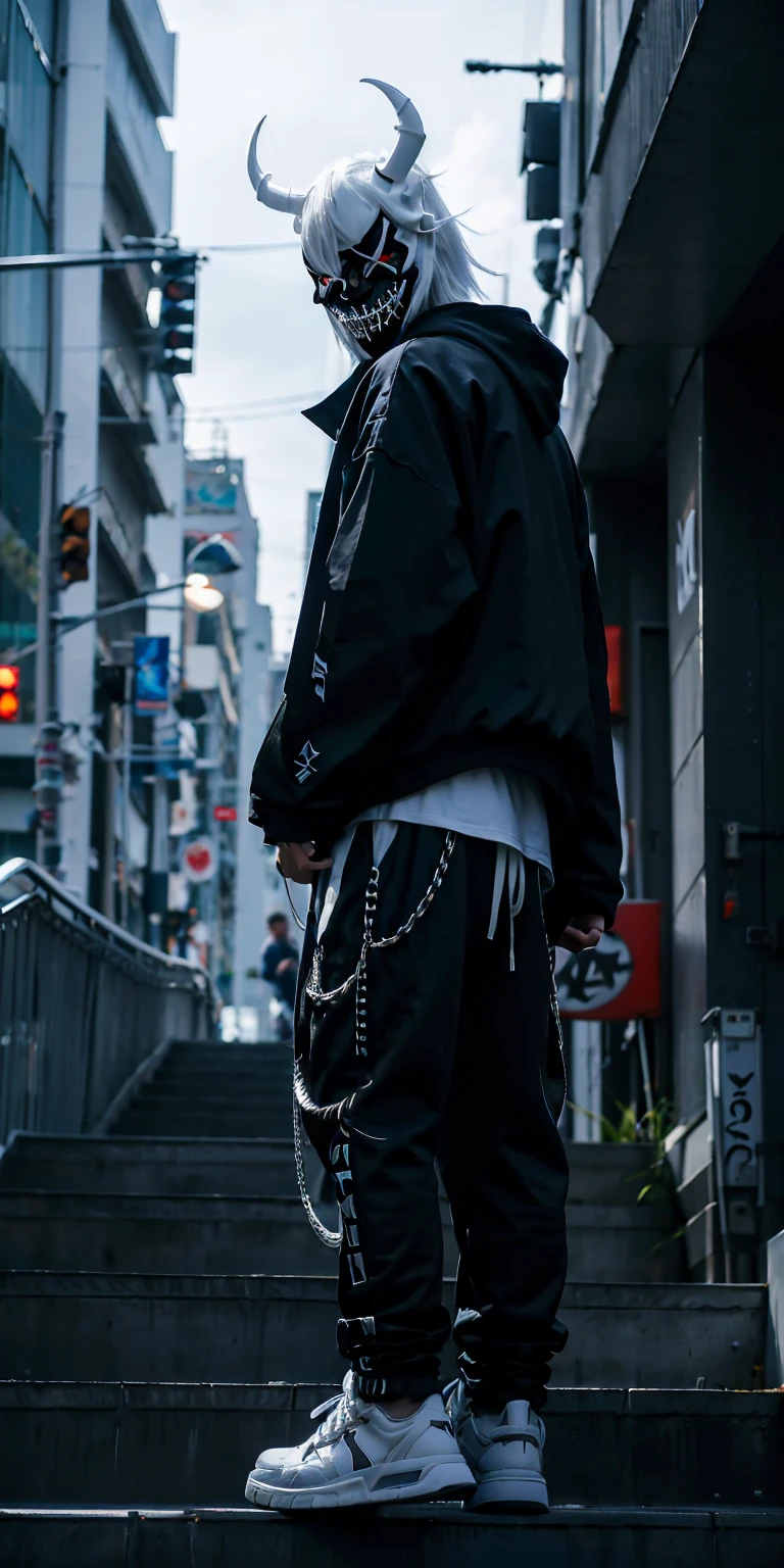 man with muscles , wearing all back white mask with two horns , hoodi and Trousers Pants Harajuku with joradn white shoes, plaid pants, black pants, chain, tripppants, pants, strappy pants, ((demon white mask )) , alex_the_terrible_mask, hoodie, wearing a hoodie
