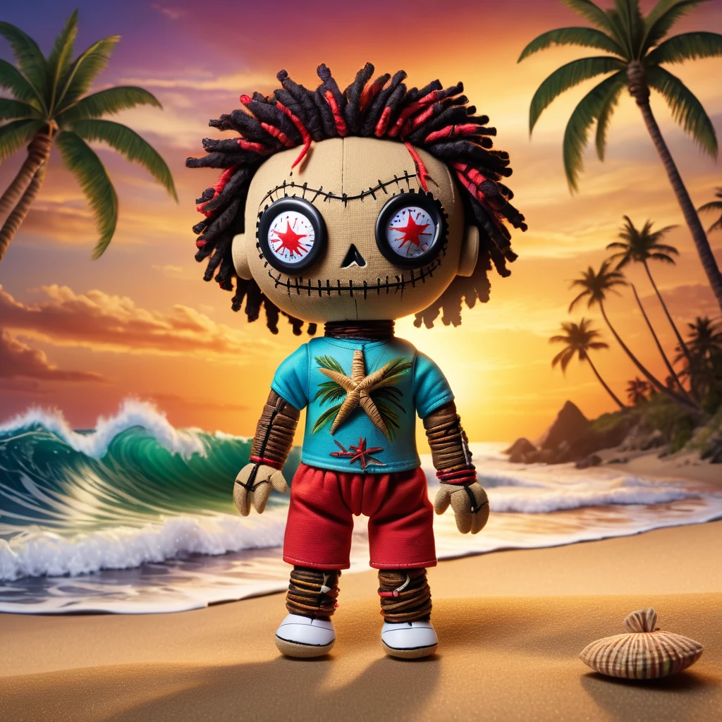 (knitted toy voodoo doll:1.8), (Voodoo Surfer:1.3), (Clothes: Surfing shorts, sunglasses, shell necklace:1.0), (background: Beach with waves, sunset, palm trees:1.2), best quality, masterpiece, detailed soft oil painting, detailed background, dramatic cinematic lighting, soft edge lighting, professional, dramatic lighting, hard edge lighting, ultra quality, 4k, masterpiece, best quality, 8k, ultra high definition, high resolution, extremely detailed