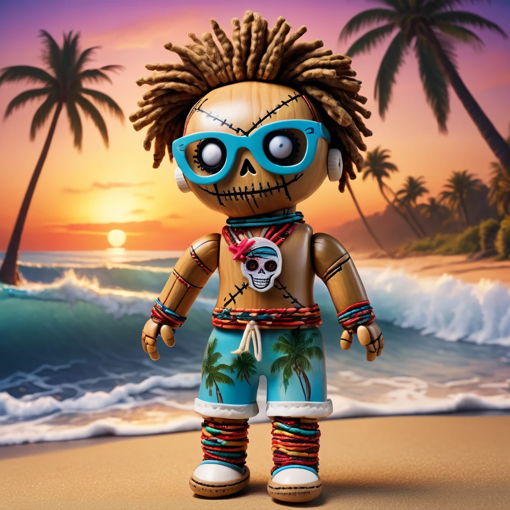 (knitted toy voodoo doll:1.8), (Voodoo Surfer:1.3), (Clothes: Surfing shorts, sunglasses, shell necklace:1.0), (background: Beach with waves, sunset, palm trees:1.2), best quality, masterpiece, detailed soft oil painting, detailed background, dramatic cinematic lighting, soft edge lighting, professional, dramatic lighting, hard edge lighting, ultra quality, 4k, masterpiece, best quality, 8k, ultra high definition, high resolution, extremely detailed