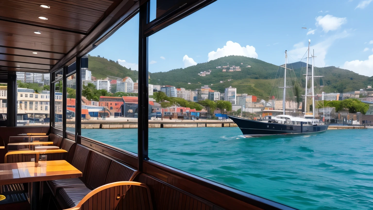 Café on a boat in the harbour, Bold and Eye-catching Graphics, Dynamic angles, Realistic, photorealistic,