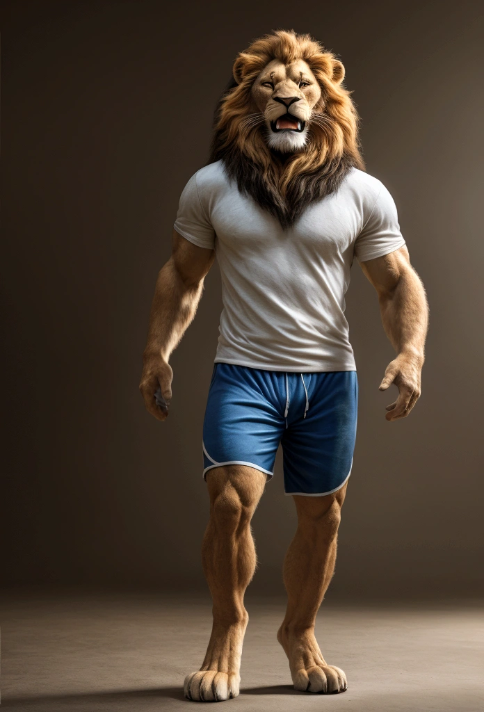 (Best quality,4K,8 k,A high resolution, masterpiece:1.2), Ultra detailed,(realistic, photorealistic, photo-realistic:1.37),a lion, male, long and light mane, Muscular body of an animal, wearing blue sports shorts and a white short sleeve sports T-shirt, smiling, bright colors, full length, realistic стиль, with an emotional expression, open mouth, standing straight, with lion paws, lion body covered with fur