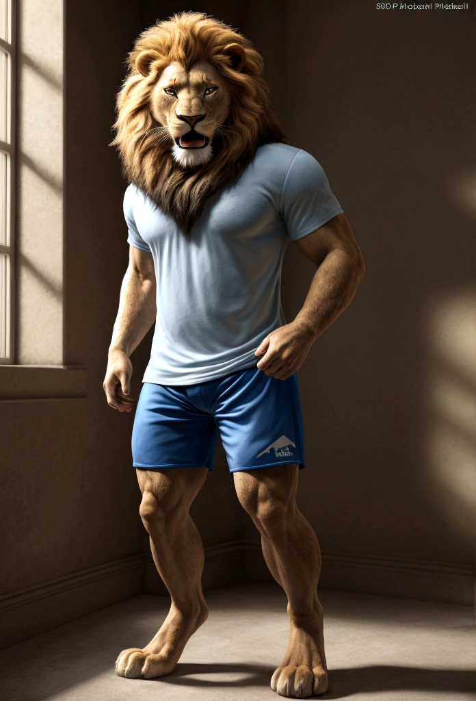 (Best quality,4K,8 k,A high resolution, masterpiece:1.2), Ultra detailed,(realistic, photorealistic, photo-realistic:1.37),a lion, male, long and light mane, Muscular body of an animal, wearing blue sports shorts and a white short sleeve sports T-shirt, smiling, bright colors, full length, with an emotional expression, open mouth, standing straight, with lion paws, lion body covered with fur, standing straight, full length