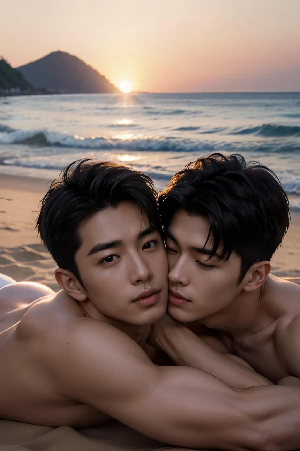hyper realistic image of two men, a handsome 30 year old korean man with mature features sitting on top of a handsome 18 year old japanese man who is lying down, medium middle parting hair, kissing passionately with tongue, looking lovingly at each other, sunset in the background, lying on beautiful beach, side view, highly detailed, intricate details, sharp focus, romantic atmosphere, dramatic back lighting, dynamic shadows