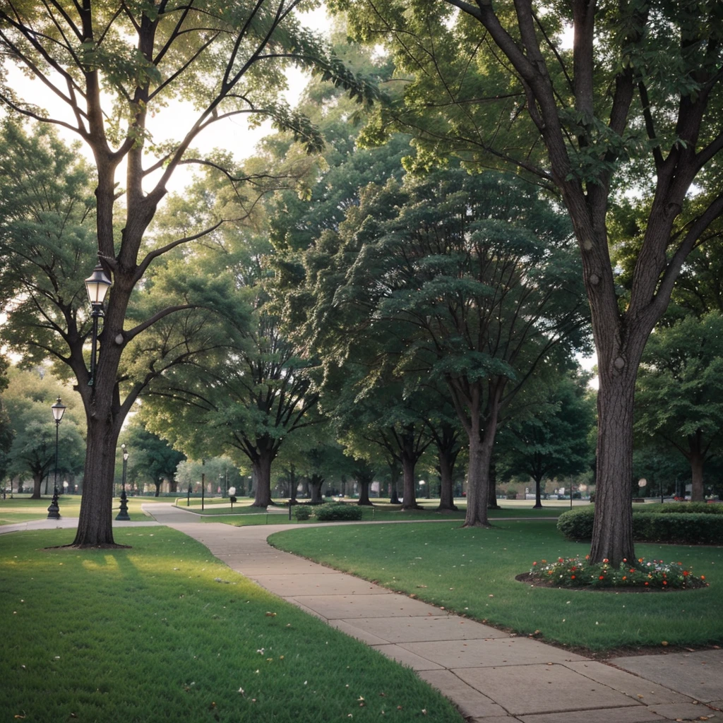 City park, trees, plants, grass, flowers, side streets, park lamps, 