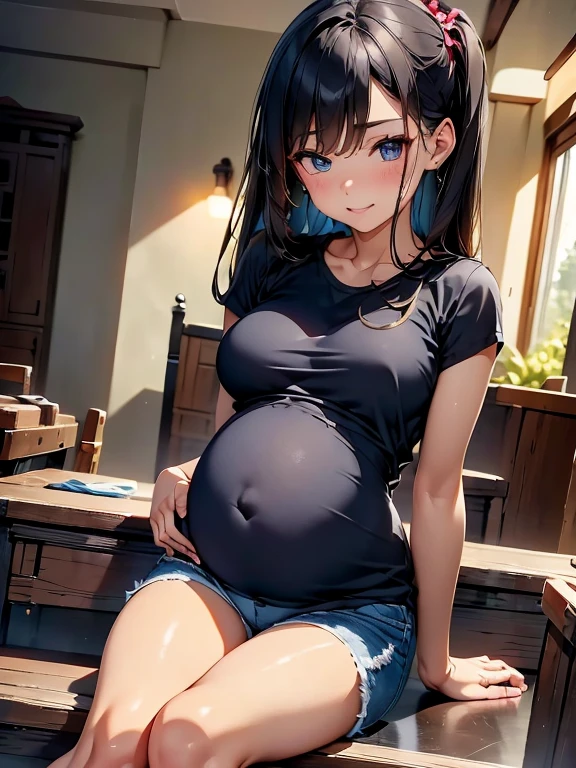 A pregnant woman wearing loose and comfortable maternity clothes sitting in a warm and cozy home scene。Black lingerie、Tight denim shorts and high heels were scattered in the corners of the room,Emphasizes the importance of comfort in maternity wear。