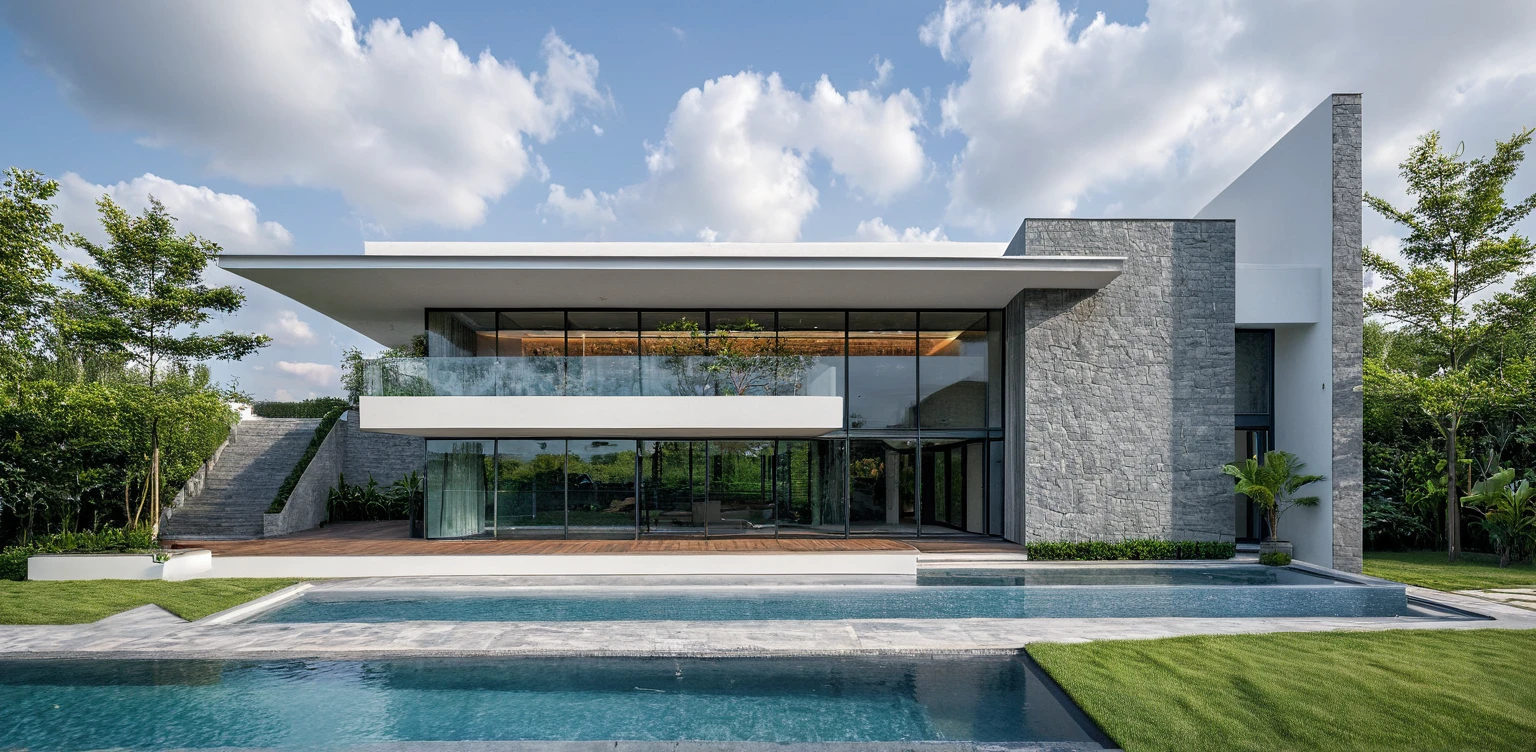 Masterpiece, high quality, best quality, 3d rendering, super detailed, outdoor, two-storey villa, aiaigroup, garden villa style, stairs, white wall, glass wall, accent wall Press the gray stone cladding on the right, the infinity swimming pool in front combines grass, trees, sky, clouds, (daylight: 1.1), depicting the freshness of the suburbs