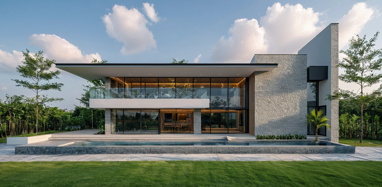 Masterpiece, high quality, best quality, 3d rendering, super detailed, outdoor, two-storey villa, aiaigroup, garden villa style, stairs, white wall, glass wall, accent wall Press the gray stone cladding on the right, the infinity swimming pool in front combines grass, trees, sky, clouds, (daylight: 1.1), depicting the freshness of the suburbs