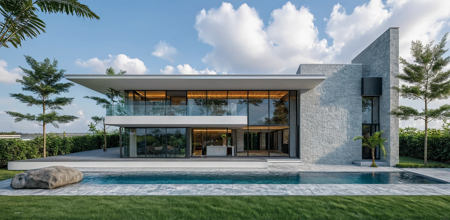 Masterpiece, high quality, best quality, 3d rendering, super detailed, outdoor, two-storey villa, aiaigroup, garden villa style, stairs, white wall, glass wall, accent wall Press the gray stone cladding on the right, the infinity swimming pool in front combines grass, trees, sky, clouds, (daylight: 1.1), depicting the freshness of the suburbs