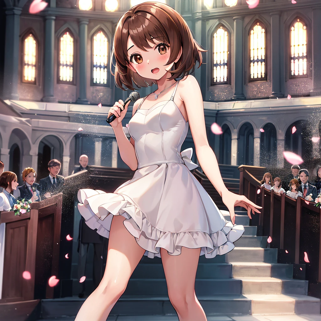 masterpiece, Highest quality, High resolution, Gloria1, 1 Girl, Gloria\(Pokémon\), Brown Hair, , Brown Eyes, , Short Hair, , Bobcut, bangs, , 1Describe a girl carefully 1Girl Expression in love blush Open Mouth blush church Wedding dress(mini skirt)