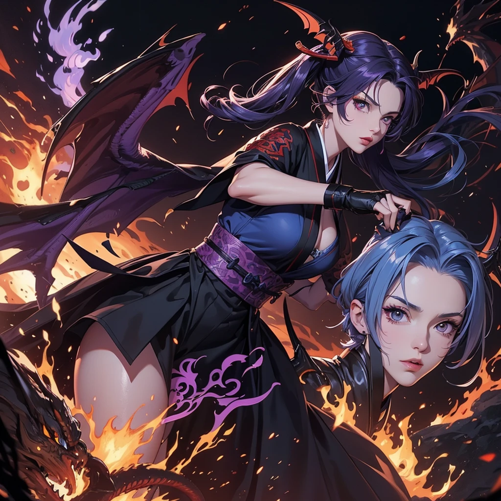 beautiful dark angel fighting with dragon demon, tattoo, fire, sword, kimono, demon, many shades of purple and blue