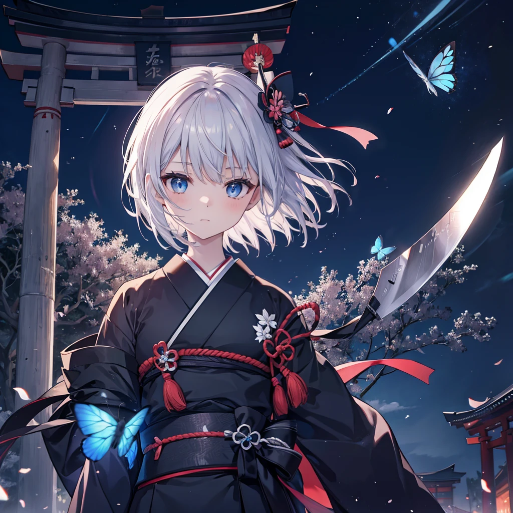 (((1 person)))　((High resolution　Gray Hair　short hair　Black kimono　Shoulder　knifeを構える))　((Black Band　samurai　Lonely　despair　blue eyes))　((Blue Butterfly　night　Japanese style　old　Shining Aura　garden　shrine　torii　Catch the wind))　(dance　日本knife　knife　Slashing)　moonlight　star　Draw your sword　Shining Background　Shining Edge