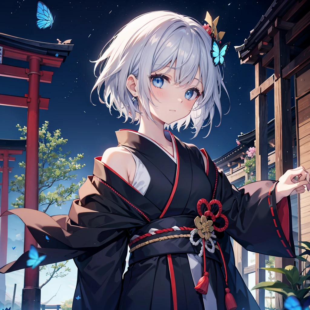 (((1 person))) ((High resolution Gray Hair short hair Black kimono Shoulder knifeを構える)) ((Black Band samurai Lonely despair blue eyes)) ((Blue Butterfly night Japanese style old Shining Aura garden shrine torii Catch the wind)) (dance 日本knife knife Slashing) moonlight star Draw your sword Shining Background Shining Edge