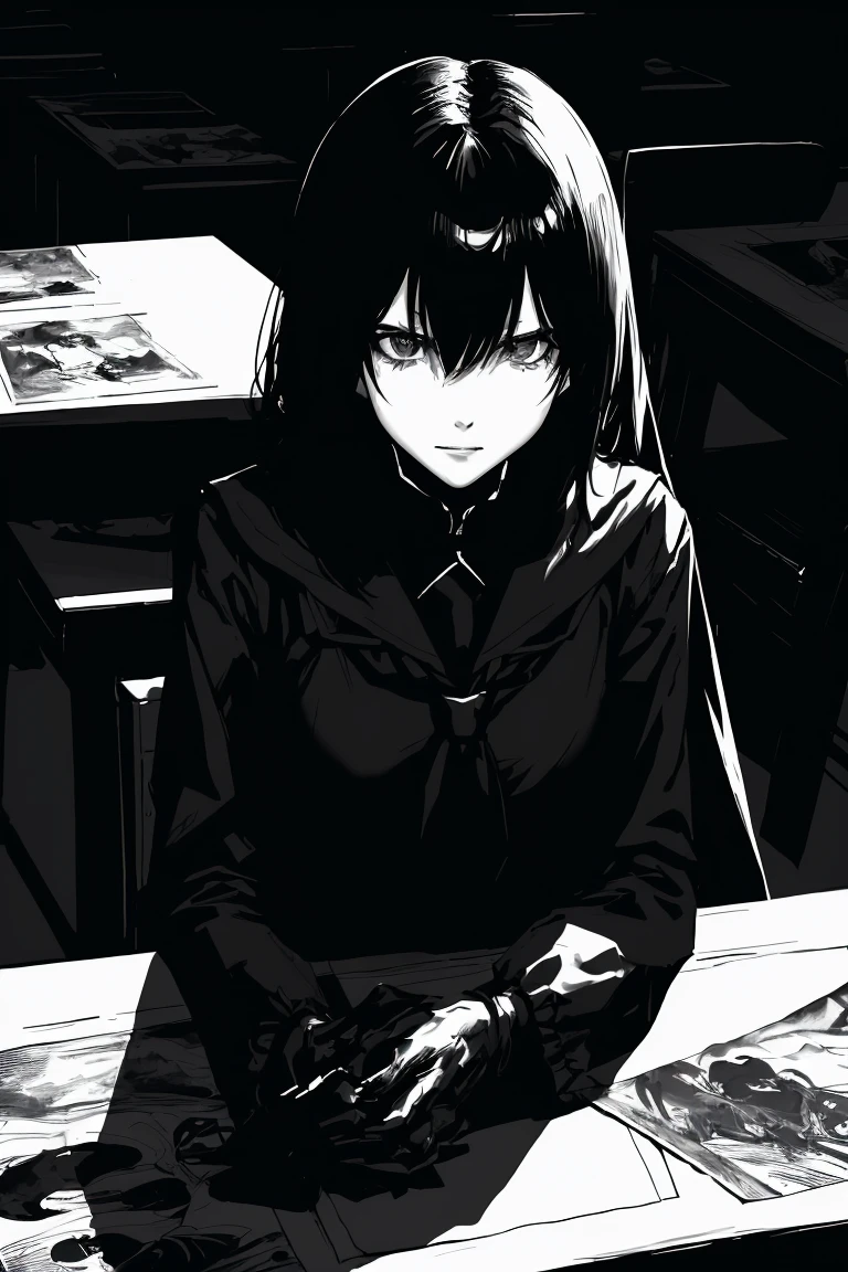 style v5lcn,ink art,(Best quality,table:1.2),(black and white comic core:1.1),(extremely high contrast),Dark ink,1 girl in,Dark-haired,Shadow on the face、8 k,Permission,high school student,sailor uniform,