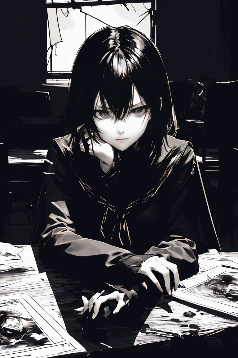 style v5lcn,ink art,(Best quality,table:1.2),(black and white comic core:1.1),(extremely high contrast),Dark ink,1 girl in,Dark-haired,Shadow on the face、8 k,Permission,high school student,sailor uniform,