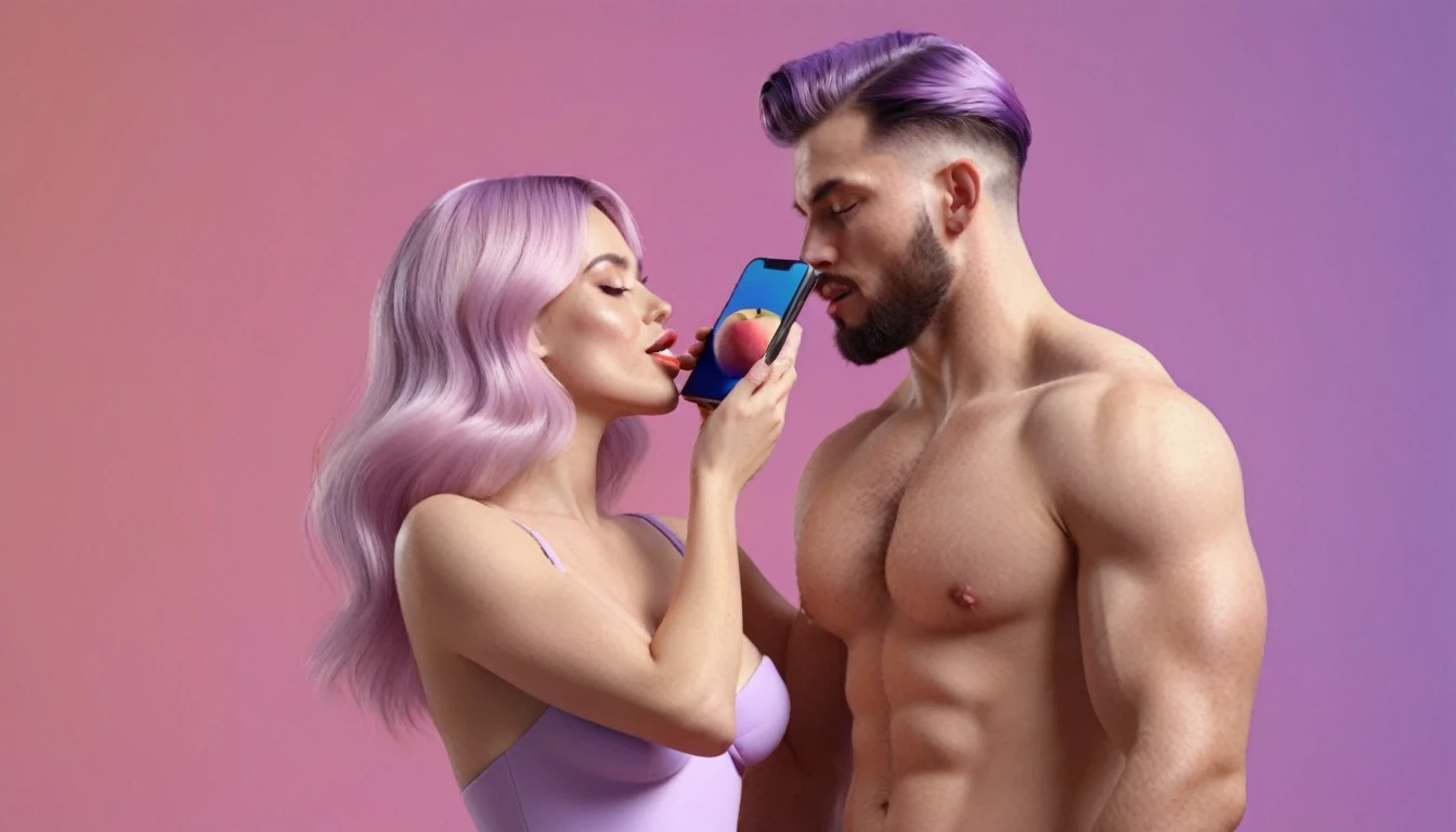 spotry naked musculin european man licking a peach in front of blond woman, he hold smartphone in his hand, we can see his face close, minimalistic, in a light purple and pink style, with soft edges and blurred details, in the toycore style, with a 3D render, on a colorful background, with a minimalist stage design, in a surreal style, with a cinema4D rendering, with a minimalist style, with low saturation, using gradient colors, with a cinema4D rendering, with a blender rendering, with super detail, at a super high resolution, at a super high definition
