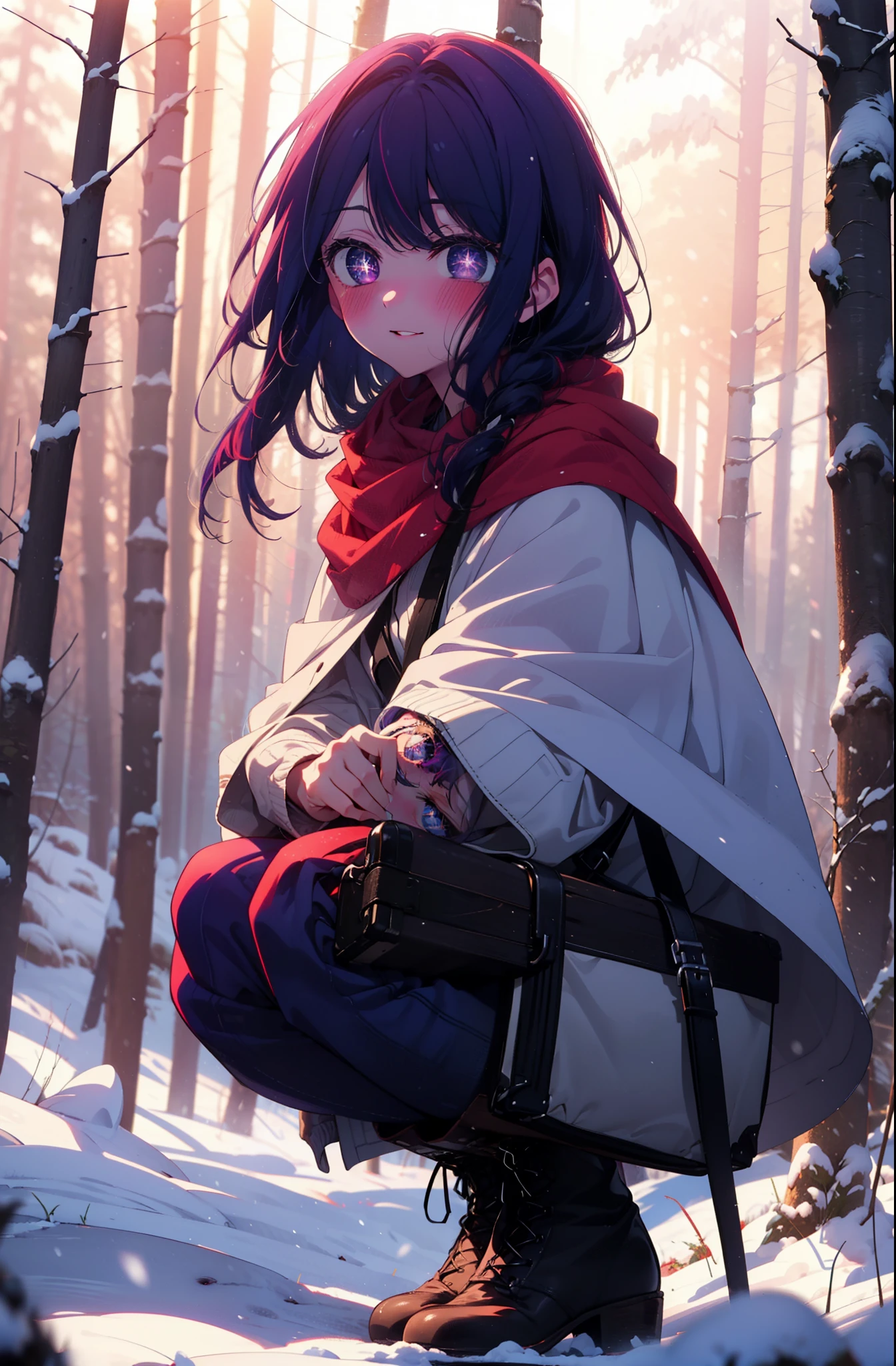 aihoshino, Ai Hoshino, Long Hair, bangs, (Purple eyes:1.1), Purple Hair, (Symbol-shaped pupil:1.5), smile,,smile,blush,White Breath,
Open your mouth,snow,Ground bonfire, Outdoor, boots, snowing, From the side, wood, suitcase, Cape, Blurred, , forest, White handbag, nature,  Squat, Mouth closed, Cape, winter, Written boundary depth, Black shoes, red Cape break looking at viewer, Upper Body, whole body, break Outdoor, forest, nature, break (masterpiece:1.2), Highest quality, High resolution, unity 8k wallpaper, (shape:0.8), (Beautiful and beautiful eyes:1.6), Highly detailed face, Perfect lighting, Highly detailed CG, (Perfect hands, Perfect Anatomy),