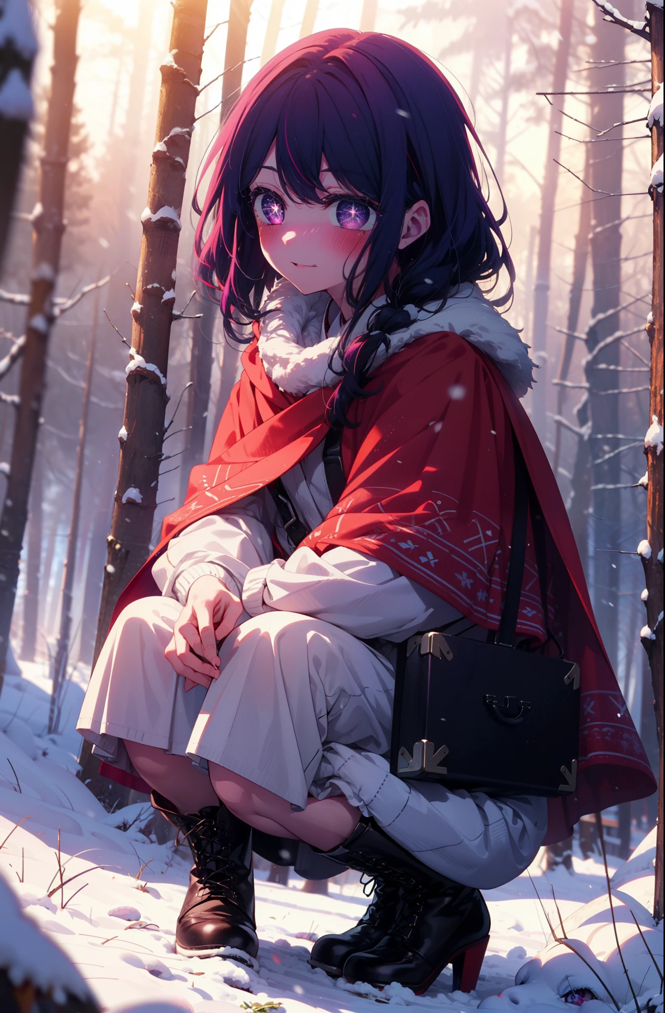 aihoshino, Ai Hoshino, Long Hair, bangs, (Purple eyes:1.1), Purple Hair, (Symbol-shaped pupil:1.5), smile,,smile,blush,White Breath,
Open your mouth,snow,Ground bonfire, Outdoor, boots, snowing, From the side, wood, suitcase, Cape, Blurred, , forest, White handbag, nature, Squat, Mouth closed, Cape, winter, Written boundary depth, Black shoes, red Cape break looking at viewer, Upper Body, whole body, break Outdoor, forest, nature, break (masterpiece:1.2), Highest quality, High resolution, unity 8k wallpaper, (shape:0.8), (Beautiful and beautiful eyes:1.6), Highly detailed face, Perfect lighting, Highly detailed CG, (Perfect hands, Perfect Anatomy),
