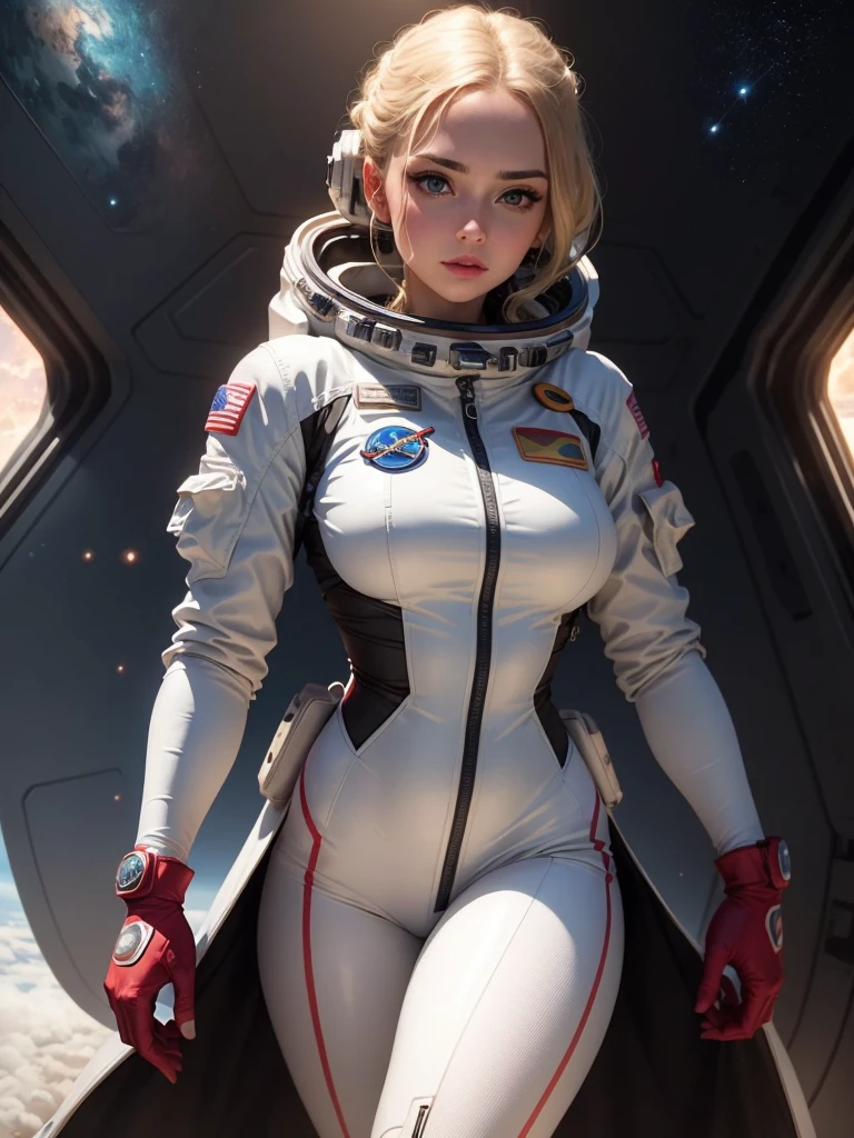 Close-up of a woman in a white suit with red gloves, Portrait Astronaut Girl, Armored astronaut girl portrait, Sleek digital concept art, Kschaert Krentz Key Art Feminine, SF Women, girl in space, Smooth Art, Wearing a space suit, Vojtek Fuss, Lostrun 8k, Inspired by Krenz Kuszat