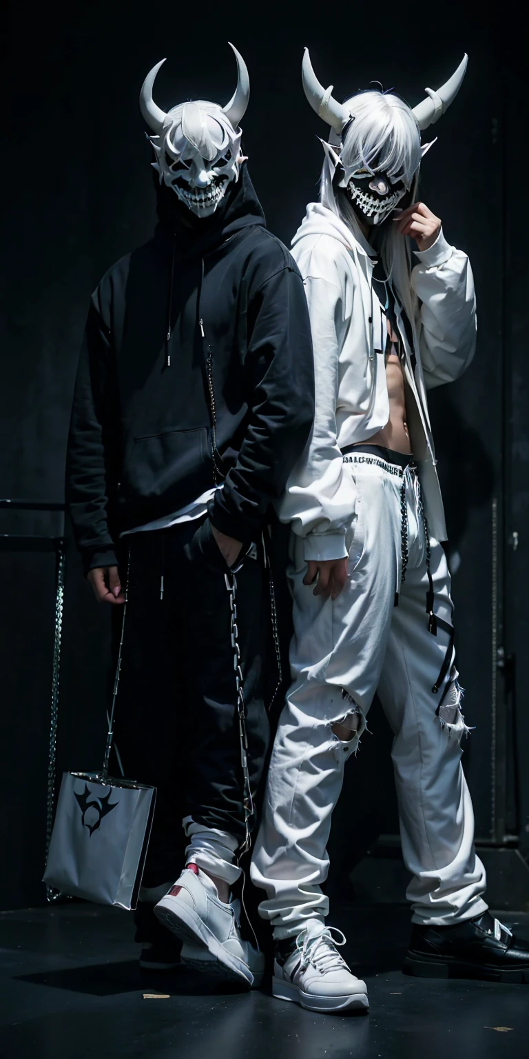 man with muscles , wearing all back white mask with two horns , hoodi and Trousers Pants Harajuku with joradn white shoes, plaid pants, black pants, chain, tripppants, pants, strappy pants, ((demon white mask )) , alex_the_terrible_mask, hoodie, wearing a hoodie
