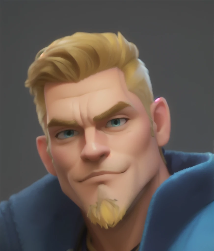 a close up of a man with a blue jacket and a yellow hair, portrait of fin wildcloak, portrait of homelander, zoomed out portrait of a duke, thertrevkaiser, artgrem, roguish smirk, arcane jayce, style of kieran yanner, valorant character, unreal 5. rpg portrait