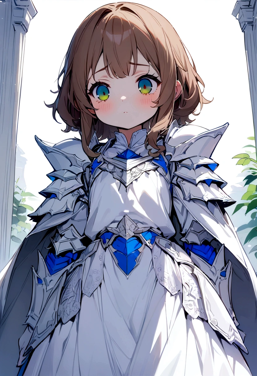 ((Masterpiece)), (((best quality))), hips wide open, ((Beetle eyes wide open blue colour)), long brown hair, ((shot White dress)), (((Paladin))), ((little girl)), (Bored), (cute),