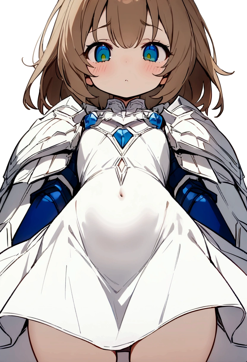 ((Masterpiece)), (((best quality))), hips wide open, ((Beetle eyes wide open blue colour)), long brown hair, ((shot White dress)), (((Paladin))), (()), (sleepy), (cute),