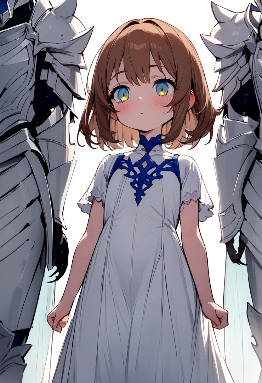 ((Masterpiece)), (((best quality))), hips wide open, ((Beetle eyes wide open blue colour)), long brown hair, ((shot White dress)), (((Paladin))), ((little girl)), (Bored), (cute),