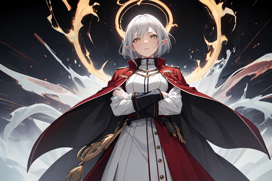 (safe:1.10), best quality, masterpiece, highres, solo, A video of a young adult girl with bob-cut grey hair, elven ears, and yellow eyes. She's dressed in a white military coat with red accents and stands in a dark setting, casting powerful chaos magic. The scene focuses on her intense concentration as chaotic energy swirls around her, crossed arms, cowboy shot, looking at viewer, anime_style, 27