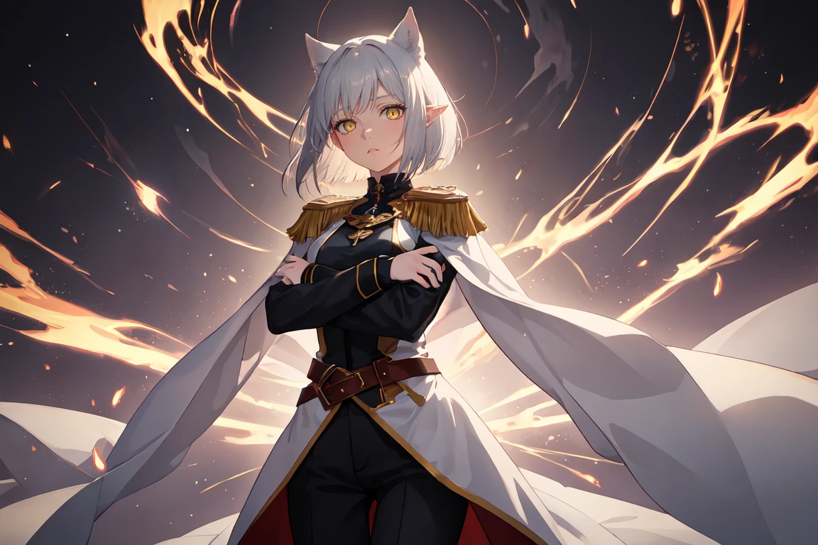 (safe:1.10), best quality, masterpiece, highres, solo, A video of a young adult girl with bob-cut grey hair, elven ears, and yellow eyes. She's dressed in a white military coat with red accents and stands in a dark setting, casting powerful chaos magic. The scene focuses on her intense concentration as chaotic energy swirls around her, crossed arms, cowboy shot, looking at viewer, anime_style, 27